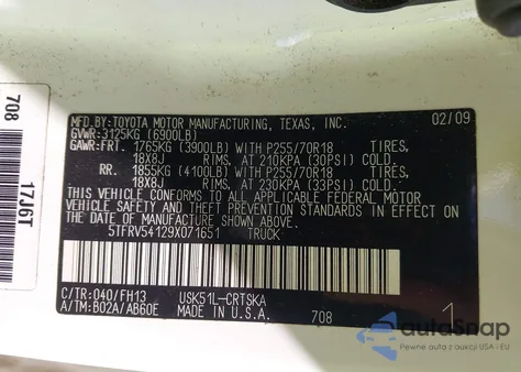 2009 Toyota Tundra Grade 5.7L V8 из США, поврежденный, VIN 5TFRV54129X071651